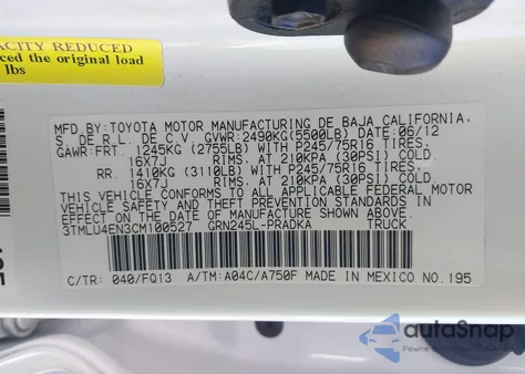2012 Toyota Tacoma Base V6 z USA, uszkodzony, nr VIN 3TMLU4EN3CM100527